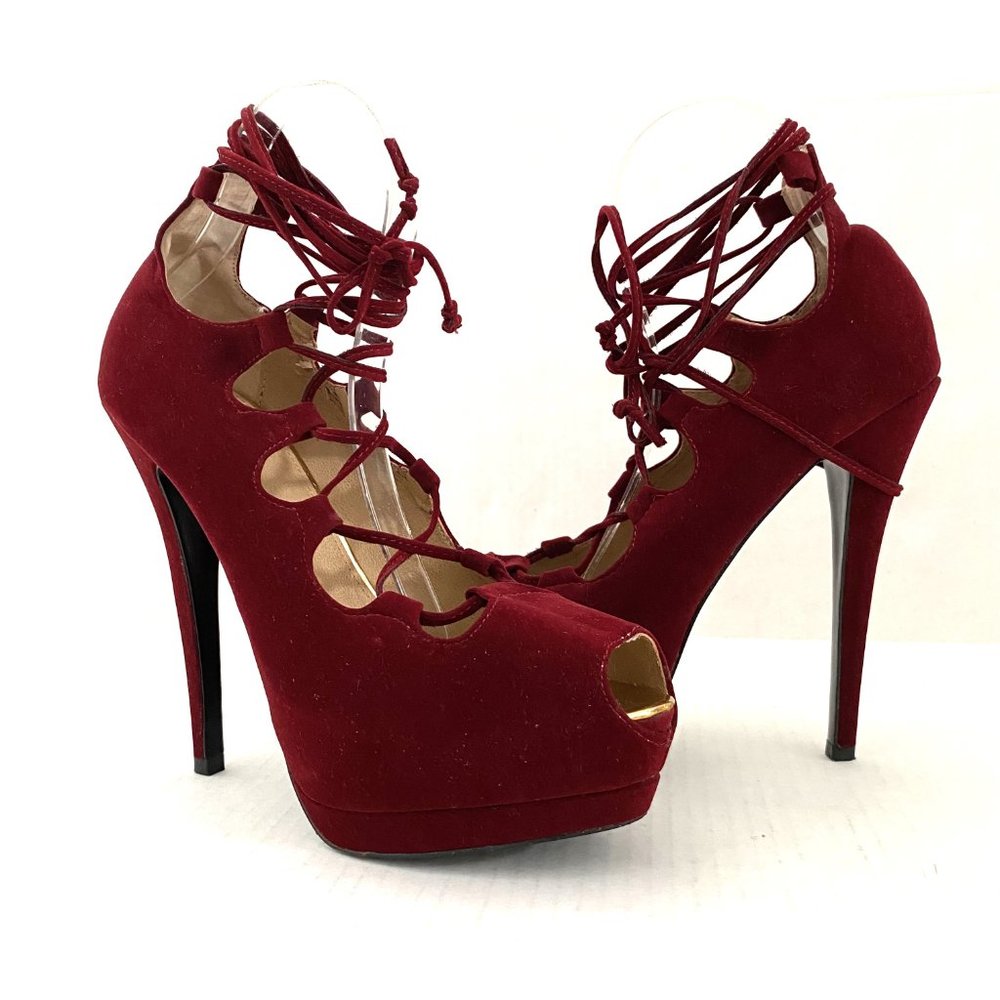 Colin Stuart Lace Up Platform Suede Heels Burgundy